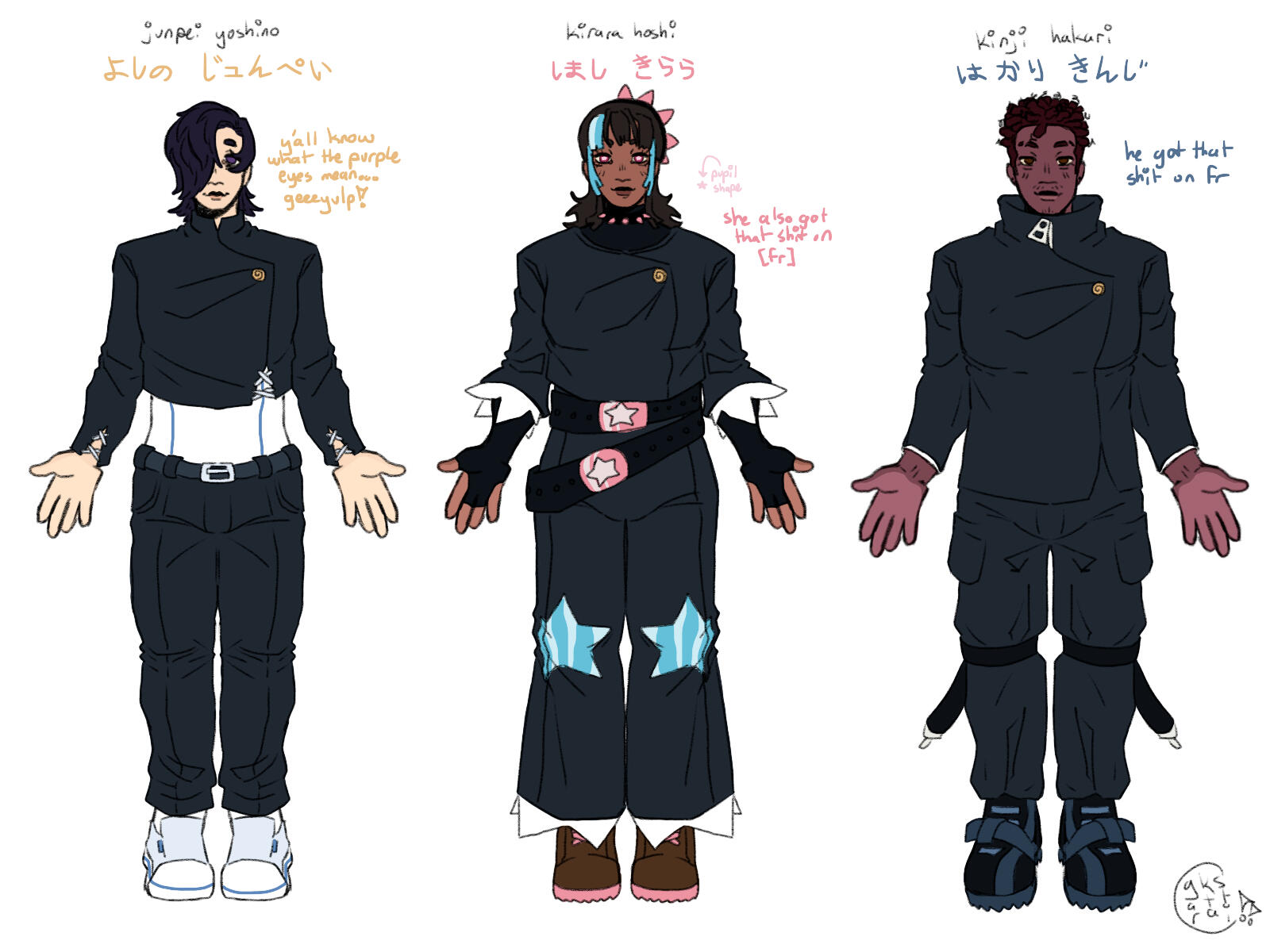 junpei yoshino + kirara hoshi + hakari kinji [note: junpei is a first year, kirara and hakari are third years]